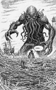 1other ambiguous_gender arms_at_sides boat coat commentary english_commentary grand_scale greyscale hat highres lighthouse monochrome monster ocean on_boat original outdoors portuguese_text ship soadscorpion speech_bubble standing traditional_media translation_request watercraft wreckage rating:g score:2 post #10167434