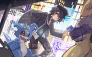 1boy :d absurdres black_hair black_hat black_jacket black_pants blue_eyes card closed_mouth digimon digimon_(creature) feet_out_of_frame hat heterochromia highres holding holding_card jacket long_sleeves male_focus mochizuki_inochi open_mouth pants red_eyes renamon short_hair smile standing v-mon watermark rating:g score:2 post #10163764