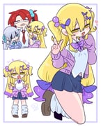 1boy 3boys :o absurdres atopi_(op_na_yarou) beads black_hair blonde_hair blue_bow blue_bowtie blue_cardigan blue_eyes blue_hair blue_scrunchie blue_skirt blush bow bowtie bracelet brown_shoes bulge cardigan cardigan_around_waist closed_mouth clothes_around_waist collared_shirt colored_tips commentary_request crossdressing crossdressing_(mtf) double-parted_bangs double_v earclip earrings eyepatch fang flipped_hair frown full_body grabbing_another's_arm hair_beads hair_between_eyes hair_bow hair_ornament hair_scrunchie hand_up hands_up heart highres jewelry kapela_(op_na_yarou) kneehighs kneeling legs_apart light_blush loafers long_hair long_sleeves looking_at_viewer male_focus midriff_peek miniskirt multicolored_hair multiple_boys multiple_hair_bows multiple_views narrowed_eyes navel necktie no_nose no_pupils off_shoulder one_eye_covered one_side_up op_na_yarou open_cardigan open_clothes open_mouth original parted_bangs partial_commentary pink_cardigan pleated_skirt purple_bow purple_bowtie purple_hair quad_tails raised_inner_eyebrows red_hair red_necktie rigel_(op_na_yarou) scrunchie shirt shoes short_sleeves sidelocks simple_background skin_fang skirt sleeves_past_fingers sleeves_past_wrists smug socks spiked_hair standing straight_hair stud_earrings t-shirt teeth thighs trap two-tone_hair two_side_up upper_body v v-shaped_eyebrows very_long_hair watermark white_background white_hair white_shirt white_socks yellow_eyes rating:s score:0 post #10176894