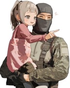 1boy 1girl balaclava black_gloves carrying carrying_person chest_rig child closed_eyes dress gloves grey_eyes grey_hair highres kok_kok_kio long_sleeves military_combat_uniform military_uniform open_mouth original pantyhose pinafore_dress pink_dress pink_shirt pointing ponytail pouch shirt simple_background sleeveless sleeveless_dress smile soldier white_background white_pantyhose rating:g score:1 post #10173340