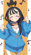 1girl absurdres afuron black_hair blue_hoodie blush choker clenched_hands closed_eyes collarbone commentary_request cowboy_shot cube_hair_ornament facing_viewer grin hair_ornament hands_up happy highres hood hood_down hoodie leggings lida_(pokemon) long_hair long_sleeves musical_note orange_background pokemon pokemon_legends:_z-a print_shirt shirt smile solo tassel teeth topknot white_shirt zipper_pull_tab rating:g score:4 post #10174101