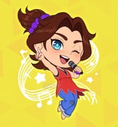 1girl adricarra artist_name barefoot blue_eyes blue_pants bracelet brown_hair chibi commentary_request curtained_hair deformed donkey_kong_(series) donkey_kong_bananza dress feet freckles highres jewelry microphone musical_note one_eye_closed open_mouth pants pauline_(mario) pauline_(young)_(mario) purple_scrunchie red_dress red_shirt scrunchie shirt sleeveless smile star_(symbol) teeth rating:g score:4 post #10083517