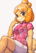 1girl absurdres animal_crossing animal_ears animal_nose arm_at_side artist_name black_eyes blonde_hair blush body_fur breasts bright_pupils closed_mouth collared_shirt commentary_request dog_ears dog_girl dog_tail furry furry_female grey_background hand_up happy highres isabelle_(animal_crossing) leaf_print looking_at_viewer miniskirt partial_commentary pencil_skirt pepper_gecko72 pink_shirt print_shirt shirt short_hair short_sleeves signature simple_background sitting skirt small_breasts smile solo tail topknot twitter_username two-tone_fur white_fur white_pupils white_skirt yellow_fur rating:g score:4 post #10067009