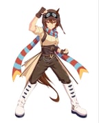 1girl agnes_flight_(racehorse) animal_ears arm_up aviator_cap aviator_goggles belt blue_scarf boots brown_belt brown_gloves brown_hair brown_hat brown_pants brown_shirt clenched_hands commentary english_commentary fingerless_gloves full_body gloves goggles goggles_on_headwear grin hair_between_eyes hat highres horse_ears horse_girl horse_tail knee_boots knew_nothing looking_at_viewer original pants red_eyes red_scarf scarf shirt short_hair short_sleeves simple_background smile solo standing striped_clothes striped_scarf tail umamusume v-shaped_eyebrows white_background white_boots rating:g score:9 post #10165545
