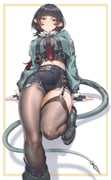 1girl absurdres animal_ears black_gloves black_hair black_shorts breasts commentary fangxiang_cuoluan fingerless_gloves fur-trimmed_jacket fur_trim garter_straps gloves green_eyes green_jacket highres jacket jane_doe_(zenless_zone_zero) large_breasts long_hair looking_at_viewer mouse_ears mouse_girl mouse_tail multicolored_hair pantyhose red_hair shorts single_garter_strap single_thighhigh smile solo tail thick_thighs thighhighs thighs zenless_zone_zero rating:s score:52 post #10171259