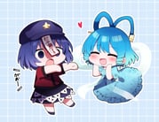 2girls absurdres blue_background blue_dress blue_hair blush chibi commentary dress drill_hair drill_sidelocks fang full_body gao hair_ornament hair_rings hair_stick hands_on_own_cheeks hands_on_own_face hands_up hat heart highres kaku_seiga medium_hair miyako_yoshika multiple_girls no_nose ofuda ofuda_on_head open_mouth outstretched_arms purple_hair red_shirt shawl shirt shoes short_sleeves sidelocks skirt smile star_(symbol) touhou you_(noanoamoemoe) rating:g score:4 post #10172090