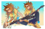 absurdres ahoge animal_ears blue_pants blush breasts brown_hair calamity_brezze electric_guitar grin guitar hair_between_eyes hair_ornament hairclip highres holding holding_guitar holding_instrument horse_ears horse_girl horse_tail instrument jewelry jungle_pocket_(umamusume) medium_hair midriff music notched_ear open_mouth pants playing_instrument shirt shoes short_sleeves smile tail teeth umamusume yellow_eyes yellow_shirt rating:g score:4 post #10175143