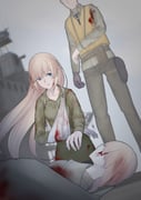 1boy 2girls absurdres aircraft_carrier arm_sling battle_of_midway belt blood blood_on_clothes blood_on_face blue_eyes brown_belt enterprise_(warship_girls_r) green_pants green_shirt grey_background highres injury life_vest long_hair macayase military_fatigues military_uniform military_vehicle multiple_girls pants ship shirt under_covers warship warship_girls_r watercraft world_war_ii yorktown_(warship_girls_r) rating:q score:7 post #8882516