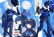 1boy 2girls black_hair black_vest blue_necktie blush bob_cut cigarette collared_shirt colored_eyelashes crossed_arms cup disposable_coffee_cup disposable_cup faust_(project_moon) half_updo holding holding_weapon hong_lu_(project_moon) lcb_ssk limbus_company long_hair mismatched_eyelashes multiple_girls necktie open_mouth project_moon red_eyes ryoshu_(project_moon) shirt smile very_long_hair vest w_corp._(identity)_(project_moon) weapon white_hair rating:g score:8 post #9894734
