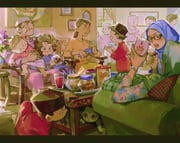 6+boys 6+girls animal_print armchair baju_kurung bear_print black-framed_eyewear black_headwear blue_hat blue_hijab blush bracelet cat cellphone chair closed_eyes closed_mouth cup cushion eating eid_mubarak english_commentary family floral_print flower food glasses green_hat hand_on_another's_cheek hand_on_another's_face hat hijab holding holding_phone hug indoors islam jewelry long_hair long_sleeves looking_at_another loveariddle malay_commentary malaysian_clothes multiple_boys multiple_girls open_mouth original painting_(object) pants phone pink_pants pink_shirt purple_flower red_shirt shirt sitting slice_of_life smartphone smile songkok table white_headwear window rating:g score:25 post #5325459