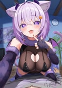1boy 1girl ahoge alternate_costume animal_ear_fluff animal_ears black_leotard blush breasts cat_ears cat_girl cat_tail cleavage_cutout clothing_cutout commentary_request covered_navel demon_horns demon_wings elbow_gloves fang finger_to_mouth fingerless_gloves fingernails fur-trimmed_gloves fur-trimmed_thighhighs fur_collar fur_trim gloves hair_between_eyes heart heart-shaped_pupils hololive horns indoors large_breasts leotard looking_at_viewer multicolored_nails nail_polish nekomata_okayu open_mouth pov purple_eyes purple_gloves purple_hair purple_thighhighs see-through_clothes see-through_leotard short_hair sitting sitting_on_person solo_focus symbol-shaped_pupils tail thighhighs torakichi_888 virtual_youtuber wings rating:s score:23 post #10175039