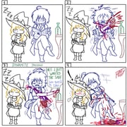 1boy 2girls alcohol bad_end blood blush comic death deep_wound glasses guro hat head_on_head head_rest heart highres injury kirisame_marisa morichika_rinnosuke multiple_girls murder mutilation newspaper non-web_source organs pain reading sake self-upload simple_background sitting sleeping touhou violence waking_up witch_hat yakumo_yukari rating:s score:-1 post #10174840