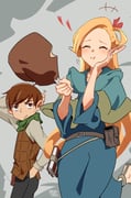 1boy 1girl :i ^_^ absurdres ahoge arm_up black_pants blonde_hair blue_dress blush book brown_eyes brown_hair brown_vest chicken_(food) chicken_leg chilchuck_tims closed_eyes closed_mouth commentary_request cowboy_shot dress dungeon_meshi eating elf food foot_up green_scarf grey_shirt halfling hand_in_pocket hand_on_own_cheek hand_on_own_face hands_up happy highres holding holding_food long_hair long_sleeves looking_at_another marcille_donato pants pointy_ears rokochandayo scarf scratching_head shirt short_hair standing straight_hair sweat twitter_username very_long_hair very_short_hair vest waist_bag rating:g score:4 post #10170353