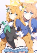 1girl absurdres alternate_costume alternate_hairstyle animal_ear_fluff animal_ears aqua_neckerchief black_gloves black_leotard blue_archive blue_eyes blue_shirt blush braid cat_ears cat_girl closed_mouth cosplay cropped_shirt frilled_thigh_strap gloves hair_between_eyes halo highleg highleg_leotard highres kame_(nokonoko10271) leotard long_hair looking_at_viewer mari_(blue_archive) neckerchief open_clothes orange_hair photoshop_(medium) shimiko_(blue_archive) shimiko_(blue_archive)_(cosplay) shimiko_(magical)_(blue_archive) shirt solo thigh_strap twin_braids very_long_hair yellow_halo zoom_layer rating:s score:5 post #10177332