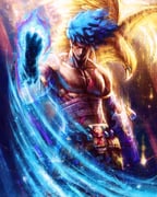1boy absurdres animal arm_up bandages bare_pectorals bird blue_fire blue_hair closed_mouth commentary english_commentary fire floating_hair gauntlets hades_(series) hades_2 hawk highres looking_at_viewer male_focus pants pectorals prometheus_(hades) red_eyes solo standing tylor_hepner rating:g score:0 post #10174610