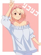 1girl ama_(ama_ekaku) arm_up blonde_hair blush_stickers bob_cut collar collarbone commentary_request copyright_name dot_nose frilled_collar frilled_pajamas frills grin hair_ribbon highres looking_at_viewer lycoris_recoil nishikigi_chisato pajamas pink_ribbon polka_dot polka_dot_background puffy_short_sleeves puffy_sleeves red_eyes ribbon short_sleeves single_bare_shoulder smile solo strap_slip upper_body w w_over_head white_pajamas rating:s score:1 post #10176979