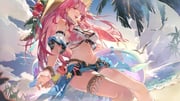 1girl :d ayla:_kaleido_(blue_crush)_(pgr) ayla_(pgr) bare_shoulders beach belt bikini bird blue_nails blue_shorts blue_sky bracelet breasts cleavage clothes_around_waist cloud day detached_sleeves earrings flower frilled_thigh_strap frills hat hat_flower highres holding holding_swim_ring innertube jewelry large_breasts large_hat long_hair looking_at_viewer nail_polish nanchi_fantuan navel ocean official_art open_mouth outdoors palm_tree pink_eyes pink_hair punishing:_gray_raven rope sand shirt shirt_around_waist short_shorts shorts sitting sky smile solo star_(symbol) stomach straw_hat stuffed_animal stuffed_octopus stuffed_toy summer sun_hat swim_ring swimsuit thigh_strap thighs tree water white_bikini rating:s score:7 post #10170247