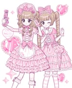 2girls accurate_lolita_coord apron blonde_hair bonnet bow cellphone closed_umbrella commentary cowboy_shot curly_hair decoden dress drill_hair fashion flat_chest flip_phone frilled_dress frills gem gloves hair_bow highres hime_lolita holding holding_phone holding_umbrella lolita_fashion long_hair multiple_girls one_eye_closed original phone pink_bow pink_dress pink_theme ringlets simple_background socks standing striped_clothes striped_socks sweet_lolita symbol-only_commentary twin_drills two_side_up umbrella v very_long_hair watermark white_apron white_background white_gloves white_socks yuni_(s_ribbon) rating:g score:2 post #10149350