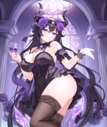 1girl absurdres armpit_crease bare_shoulders bibixart black_dress black_hair black_horns black_nails black_thighhighs blush bow breasts cleavage commentary commission cup detached_sleeves diamond_(gemstone) double-parted_bangs dress dress_bow drinking_glass flower frilled_wrist_cuffs frills gem glint hair_between_eyes hair_bow hair_flower hair_ornament hand_up head_tilt highres holding holding_cup horns indie_virtual_youtuber indoors lace-trimmed_thighhighs lace_trim large_breasts leaf_hair_ornament looking_at_viewer multicolored_hair nail_polish object_floating_above_hand parted_lips purple_bow purple_eyes purple_flower purple_gemstone purple_hair purple_rose rose see-through_clothes see-through_wrist_cuffs smile socks stained_glass swept_bangs symbol-only_commentary thighhighs thighs unjaded_(vtuber) virtual_youtuber wine_glass wrist_cuffs rating:s score:8 post #10174738