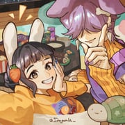1boy 1girl animal_ears black_hair blue_nails blunt_bangs brown_eyes carrot_hair_ornament character_print cooking derpy_(kpop_demon_hunters) detached_sleeves dragonla earrings food-themed_hair_ornament grin hair_ornament hair_over_eyes highres jewelry kemonomimi_mode kpop_demon_hunters looking_at_viewer mystery_(kpop_demon_hunters) nail_polish orange_sleeves orange_sweater print_sweater purple_hair purple_nails purple_sweater_vest rabbit_ears short_bangs short_hair smile stuffed_turtle sweater sweater_vest teeth updo upper_body zoey_(kpop_demon_hunters) rating:g score:0 post #10174517