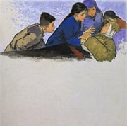 2girls 3boys age_difference asian bandaged_head bandages black_hair blue_shirt braid child china chinese_clothes commentary_request fur_hat hat injury jacket long_hair long_sleeves lying mandarin_collar mao_cap multiple_boys multiple_girls on_back original purple_shirt retro_artstyle shirt twin_braids ushanka zhongguo_shuhua_shici_yuan rating:g score:0 post #8361977