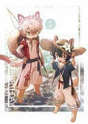 2boys animal_feet black_hair blonde_hair body_fur brown_fur cat_boy claws digitigrade dog_boy ears_through_headwear english_commentary english_text fishing_rod fuji_166 full_body furry furry_male green_eyes hat holding holding_fishing_rod looking_at_viewer male_focus multiple_boys original outdoors short_hair standing stream sun_hat tail water rating:g score:1 post #10171799