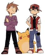 2boys :/ :3 backwards_hat baseball_cap black_gloves black_hair black_pants black_shirt blue_oak blue_pants boots brown_boots brown_hair clenched_hand closed_mouth crew_neck crossed_arms denim dot_nose eye_contact fingerless_gloves full_body gloves hand_on_own_hip hat highres jacket jeans jewelry long_sleeves looking_at_another looking_to_the_side male_focus multicolored_jacket multiple_boys necklace pants pendant pikachu pokemon pokemon_(creature) pokemon_frlg purple_shirt red_(pokemon) shirt short_sleeves simple_background smile standing t-shirt two-tone_jacket white_background zuxu_zz rating:g score:3 post #10174754