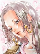 1girl black_hair blush boa_hancock close-up closed_mouth commentary_request earrings epaulettes eyelashes heart highres jewelry long_hair looking_down momopine_op one_piece sidelocks snake_earrings solo traditional_media twitter_username rating:g score:0 post #10175002