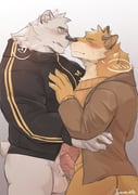 2boys animal_ears artist_name ass bara bear bear_boy bear_ears bear_tail black_jacket brown_jacket closed_eyes closed_mouth erection fox_boy fox_ears fox_tail furry furry_male girthy_penis hand_on_another's_chest heart highres hug iwano_kal jacket large_penis looking_at_another male_focus multiple_boys no_pants odd_taxi orange_fur orange_sweater penis penis_size_difference polar_bear sekiguchi_(odd_taxi) speech_bubble spoken_blush spoken_heart sweater tail testicles tinted_eyewear tongue tongue_out track_jacket veins veiny_penis white_background white_fur yamamoto_fuyuki yaoi yellow-tinted_eyewear rating:e score:3 post #9894764