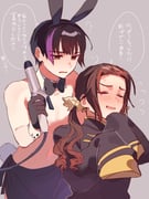 1koma 2boys animal_ears apron axis_powers_hetalia black_apron black_bow black_bowtie black_gloves black_hair black_shirt blush bow bowtie brown_hair buttons changpao china_(hetalia) chinese_clothes closed_eyes comic commentary_request detached_collar fake_animal_ears fake_tail flying_sweatdrops gloves gradient_hair grey_background hair_ornament half-closed_eyes hand_up hands_up highres holding japan_(hetalia) long_hair long_sleeves looking_at_another low_twintails male_focus mandarin_collar multicolored_hair multiple_boys official_alternate_costume open_mouth pipinopipi0219 purple_hair rabbit_ears rabbit_tail shirt short_hair simple_background smile speech_bubble streaked_hair sweat tail topless_male translation_request twintails wavy_hair wide_sleeves wing_collar wrist_cuffs yellow_eyes rating:s score:0 post #10175398