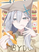 1girl :d >_< blue_archive blue_eyes border cardigan clothes_writing commentary cross_hat_ornament earrings eating food food_on_face grey_hair grey_shirt hair_between_eyes halo hat hat_with_ears highres holding holding_food jewelry k-d licking_lips long_hair long_sleeves looking_at_viewer mismatched_pupils outline shiroko_terror_(blue_archive) shirt smile solo sparkle stud_earrings tongue tongue_out upper_body white_outline wing_collar xd yellow_cardigan rating:g score:23 post #10143923