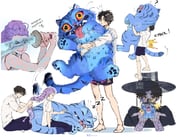 1boy 1girl ? animal black_hair body_markings braid braided_ponytail braiding_another's_hair commentary derpy_(kpop_demon_hunters) facial_mark fingernails full_body gat_(hat) hat highres holding holding_animal holding_sword holding_weapon instagram_username jinu_(kpop_demon_hunters) kpop_demon_hunters long_fingernails multiple_views purple_hair rumi_(kpop_demon_hunters) ryrmcher shirt short_hair shorts simple_background sleeveless smile sparkle sword t-shirt tiger twitter_username watermark weapon whiskers white_background white_shirt zzz rating:g score:3 post #10123457
