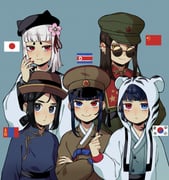 5girls :3 animal_ear_hood beret black_eyes black_hair black_hat blue_eyes blue_hair brown_hat china china_(kuroussa) chinese_clothes closed_mouth commentary_request crossed_arms deel flower green_hat hair_flower hair_ornament hair_ribbon hanbok hat heterochromia highres hood hood_up hooded_jacket jacket japan japan_(kuroussa) japanese_flag korean_clothes kuroussa long_sleeves looking_at_viewer mao_cap mongolia mongolia_(kuroussa) mongolian_clothes mongolian_flag multiple_girls north_korea north_korea_(kuroussa) north_korean_flag original peaked_cap people's_republic_of_china_flag personification red_eyes red_ribbon ribbon round_eyewear smile south_korea south_korea_(kuroussa) south_korean_flag soyombo sunglasses white_jacket yellow_eyes rating:g score:21 post #7626929