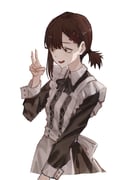 1girl absurdres alternate_costume apron black_bow black_bowtie black_dress bow bowtie brown_eyes brown_hair chainsaw_man cokei dress enmaided hair_ornament hairclip higashiyama_kobeni highres maid open_mouth simple_background solo v white_apron white_background rating:g score:3 post #10176503