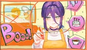 1boy 1girl apron blonde_hair blush cake cake_slice chainsaw_man choker commentary_request denji_(chainsaw_man) english_text food green_eyes hair_between_eyes hanagumorimoa holding holding_marker long_hair_between_eyes marker medium_hair orange_apron pochita_(chainsaw_man) pout purple_choker purple_hair reze_(chainsaw_man) solo_focus sweater tea thumbs_down upper_body white_sweater rating:g score:3 post #10162165