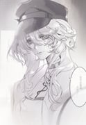 1girl chinese_text choker coat collarbone film_grain from_side greyscale hair_between_eyes hair_bun hat highres kepi kong_tiao_bo_zi light_particles looking_at_viewer military_hat monochrome nightingale_(path_to_nowhere) open_clothes open_coat path_to_nowhere signature simplified_chinese_text solo speech_bubble translated updo upper_body window_blinds rating:g score:2 post #10138949