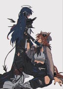 2girls ambience_synesthesia ankle_boots aqua_eyes arknights arm_support asymmetrical_gloves bandana bandana_around_neck beanie black_bandana black_dress black_gloves black_horns black_pants blue_gloves boots bracelet commentary demon_horns demon_tail dress energy_wings feather_hair fiammetta_(ambience_synesthesia)_(arknights) fiammetta_(arknights) fingerless_gloves full_body gloves grey_hat grey_jacket hair_between_eyes halo hand_on_another's_face hat highres holding_another's_arm horns invisible_floor jacket jewelry knee_up long_hair long_sleeves looking_at_another looking_at_viewer midriff mismatched_gloves mostima_(arknights) mostima_(ethereal_harmony)_(arknights) multiple_girls open_clothes open_jacket pants ring ronsudsud short_hair sidelocks simple_background sitting standing strapless symbol-only_commentary tail torn_clothes torn_pants train_(clothing) tube_top very_long_hair white_background white_boots white_tube_top yuri rating:g score:12 post #10127790