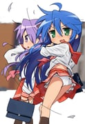 2girls absurdres ahoge bag blue_eyes blush commentary_request double-parted_bangs feet_out_of_frame floating_hair green_eyes hair_between_eyes hand_up highres hiiragi_kagami holding holding_bag izumi_konata letterboxed long_bangs long_hair long_sleeves looking_at_viewer looking_to_the_side lucky_star miniskirt mole mole_under_eye multiple_girls neckerchief nose_blush open_mouth outside_border panties pantyshot purple_eyes purple_hair red_neckerchief red_sailor_collar red_skirt rokochandayo ryouou_school_uniform sailor_collar school_bag school_uniform serafuku shirt sideways_mouth skirt standing turning_head underwear v-shaped_eyebrows very_long_hair walking white_panties white_shirt wind wind_lift rating:s score:11 post #10170389