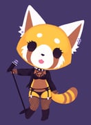 1girl :3 aggressive_retsuko animal_ear_piercing black_boots black_bra black_jacket black_panties boots bra chibikemo collar commentary fishnet_thighhighs fishnets furry furry_female garter_belt goth_fashion highres jacket lingerie looking_at_viewer microphone microphone_stand no_lineart open_clothes open_jacket open_mouth orange_fur panties purple_background red_panda_ears red_panda_girl red_panda_tail retsuko robot_(pixiv_42325944) simple_background skull solo spiked_collar spikes thighhighs underwear rating:s score:6 post #9938163