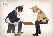2girls absurdres beonggeoji black_boots black_headwear black_pants blonde_hair boots borrowed_character bright_pupils brown_eyes brown_hair coat flag from_side hair_ornament hat helmet highres invisible_chair janggi knee_boots korean_clothes military_hat multiple_girls original pants peaked_cap pzkpfwi short_hair sitting trigram white_pupils yellow_coat yellow_eyes yellow_hat yin_yang rating:g score:4 post #6534455