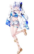 1girl absurdres ahoge aokumo_rin bare_shoulders bikini blue_bikini blue_choker blue_eyes bow breasts buyange choker cleavage colored_eyelashes cooler criss-cross_halter full_body gold_sandals hair_bow halterneck hand_up highres holding holding_water_gun large_breasts leg_up long_hair long_sleeves looking_at_viewer multicolored_hair nail_polish navel open_fly open_mouth ponytail sandals see-through_clothes see-through_sleeves short_shorts shorts simple_background smile solo stellive stomach streaked_hair string_bikini swimsuit thigh_strap thighs toenail_polish toenails torn_clothes torn_shorts two-tone_hair very_long_hair virtual_youtuber water_gun white_background white_eyelashes white_hair white_shorts rating:s score:14 post #10169505