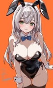 1girl alternate_costume animal_ear_hairband animal_ears black_leotard black_thighhighs blue_bow blue_bowtie bow bowtie breasts cleavage detached_collar dr._junyaman fake_animal_ears green_eyes grey_hair hair_between_eyes hairband highres hololive large_breasts leotard long_hair looking_at_viewer orange_background playboy_bunny rabbit_ears shirogane_noel side-tie_leotard simple_background solo strapless strapless_leotard thighhighs virtual_youtuber wrist_cuffs rating:s score:39 post #10164095