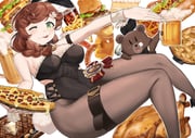 1girl :q alcohol animal_ears animalization badge beer beer_mug black_bow black_bowtie black_ears black_leotard black_pantyhose bow bowtie braid breasts brown_hair bunny_bunny_(reverse:1999) burger chicken_(food) cleavage clothing_cutout cola commentary_request cup detached_collar fake_animal_ears feet_out_of_frame flower food food-themed_background food_on_face french_fries green_eyes hair_flower hair_ornament highres holding holding_tray honey_dipper honeypot large_breasts leotard low_twin_braids medium_hair mug okome_(user_kyty2373) outstretched_arm pantyhose person_and_animalization pie pizza playboy_bunny rabbit_ears reverse:1999 sausage side_cutout solo steak strapless strapless_leotard stuffed_animal stuffed_toy teddy_bear tongue tongue_out too_much_food traditional_bowtie tray twin_braids white_background white_wrist_cuffs wrist_cuffs rating:s score:12 post #9939617