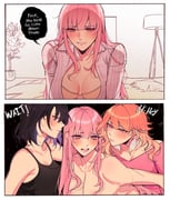 3girls absurdres amlichan blush breasts cleavage comic earrings english_text feather_earrings feathers highres hololive hololive_english instant_loss jewelry long_hair mori_calliope multicolored_hair multiple_girls orange_hair ouro_kronii pink_hair red_eyes short_hair takanashi_kiara virtual_youtuber yuri rating:s score:19 post #10172657