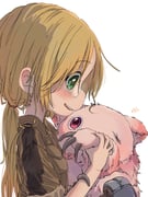 1girl absurdres blonde_hair breast_pocket brown_shirt collared_shirt commentary_request creature glasses green_eyes highres holding holding_creature long_hair looking_at_creature low_twintails made_in_abyss mitty_(made_in_abyss) open_mouth pocket riko_(made_in_abyss) sekaineko_001 shirt short_sleeves smile teeth twintails upper_body upper_teeth_only white-framed_eyewear white_background rating:g score:1 post #10153981