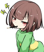 1other absurdres annoyed blush bob_cut brown_hair chara_(undertale) commentary eyelashes flustered food food_in_mouth furrowed_brow green_sweater highres incoming_pocky_kiss leaning_forward lightning_bolt_symbol long_sleeves looking_at_viewer mouth_hold narrowed_eyes piraana pocky pocky_in_mouth pocky_kiss red_eyes short_hair simple_background single_horizontal_stripe solo sweater two-tone_sweater undertale utdr_(toby_fox) v-shaped_eyebrows v_arms white_background yellow_sweater rating:g score:5 post #10166148