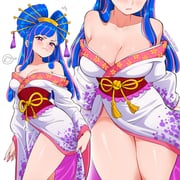 1girl bare_shoulders blue_hair blush breasts cleavage elpipe_3000 hair_ornament hair_stick highres japanese_clothes large_breasts long_hair multicolored_hair multiple_views no_panties oiran one_piece purple_eyes purple_hair simple_background solo thighhighs two-tone_hair ulti_(one_piece) white_background rating:s score:11 post #10165374