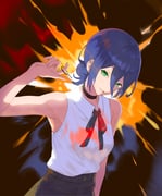 1girl black_choker black_ribbon black_shorts blue_hair chainsaw_man choker collared_shirt explosion explosion_background green_eyes grenade_pin hair_between_eyes highres looking_at_viewer neck_ribbon rade8572 reze_(chainsaw_man) ribbon shirt shirt_tucked_in shorts sleeveless sleeveless_shirt solo white_shirt rating:g score:2 post #10165844