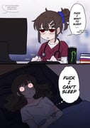 absurdres bags_under_eyes bed blanket bloodshot_eyes book computer_keyboard english_text highres insomnia mamaprofennn medical_scrubs monitor monster_energy original pillow red_eyes speech_bubble stethoscope rating:g score:5 post #10084477