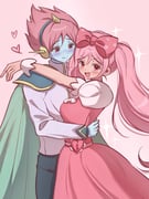 1boy 1girl arm_on_another's_shoulder blue_skin blush bow breasts cape captain_spaceboy closed_mouth colored_skin dark-skinned_female dark_skin double-parted_bangs dress green_cape hair_between_eyes hair_bow heart highres long_sleeves looking_at_another looking_at_viewer medium_breasts no_gloves omori pink_background pink_bow pink_dress pink_eyes pink_hair polka_dot polka_dot_bow puffy_short_sleeves puffy_sleeves short_hair short_sleeves simple_background smile sweetheart_(omori) wktdms1 rating:g score:0 post #10127982
